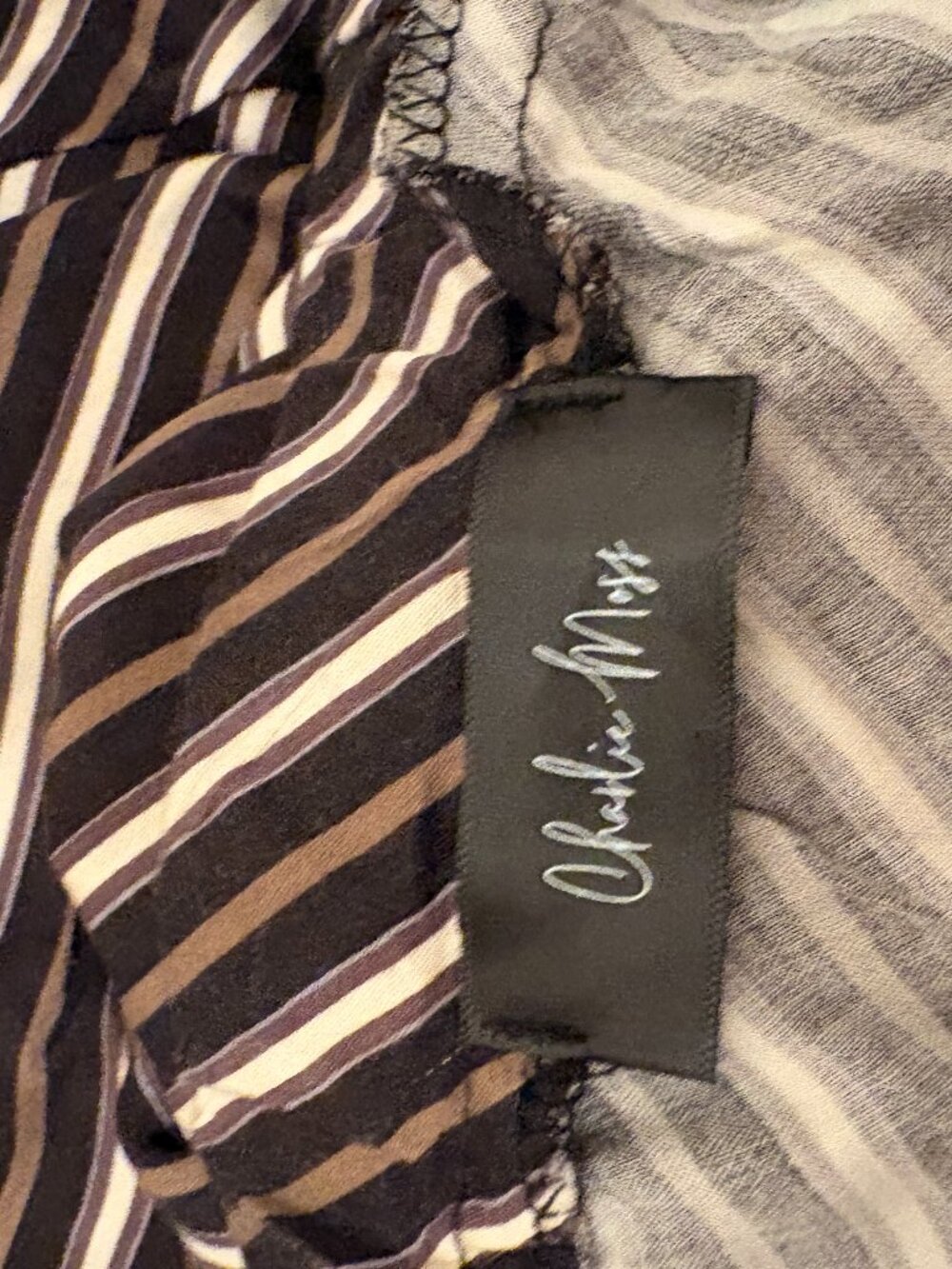 Charlie Moss Abstract Striped Wrap Dress Long Sleeve Black Brown Gray